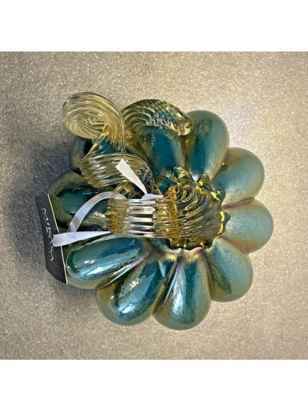 Mikasa Blown Glass Pumpkin Aqua Blue Gold Curly Stem 6.5